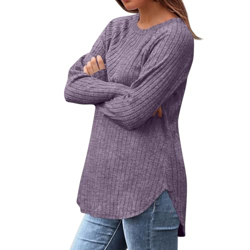 Women's Sweater Crew Neck Side Split Sweaters Lightweight Shirts Fall Clothing Long Sleeve Solid Knit Basic Tee3