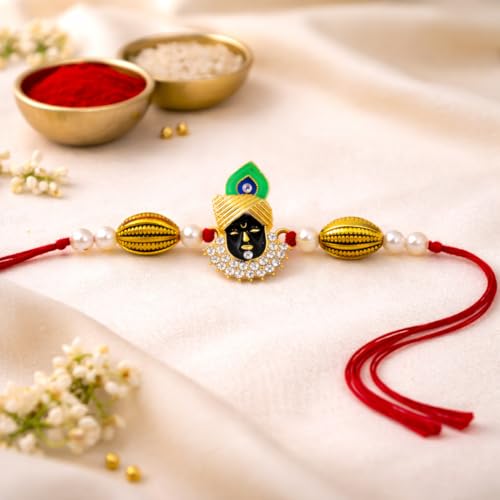 Image of JAIPUR ACE Elegant Designer Rakhi for Brother with Premium Beads and Traditional Motif, Raksha Bandhan Gift Set with Roli Chawal and Card,Stylish Festive Rakhi for Men and Boys (Krishna Rakhi)