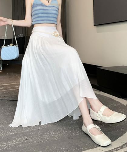 chouyatou Women's High Elastic Waist Swing Skirt Flowy Pleated Cotton Linen Midi Long Skirt with Belt4