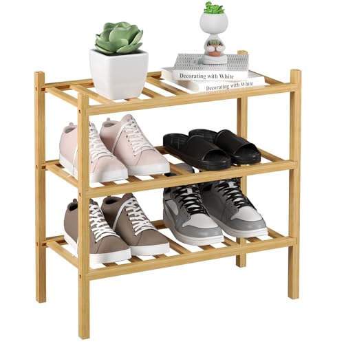 3-Tier Bamboo Small Shoe Rack, Free Standing Wood Shoe Shelf Storage Organizer for Closet Entryway Stackable (Natural)