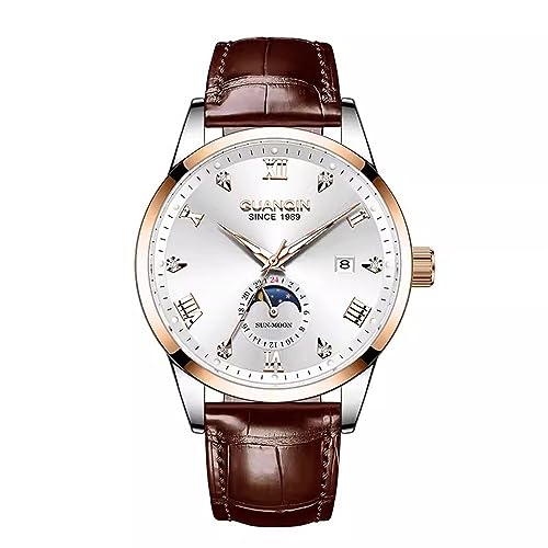 Guanqin Montre vintage multifonction à remontage automatique avec strass et saphir, calendrier d'affaires, phases de lune, étanche, bracelet en acier ou en...