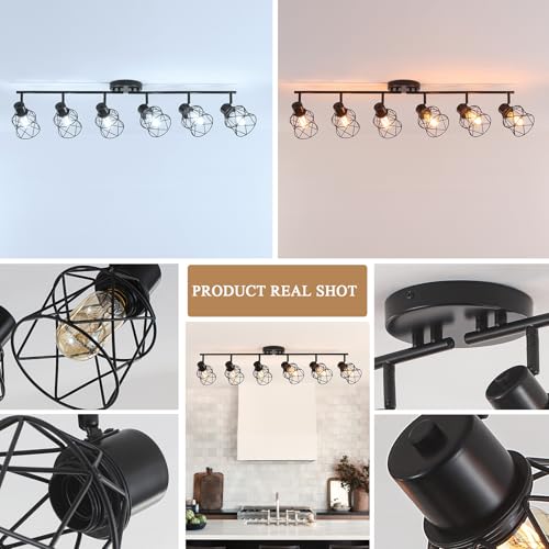 Image of 6 Lights Adjustable Multi-Directional Black Light Fixtures, Semi Flush Mount Ceiling Light, Kitchen Light Fixtures, Track Lighting Fixtures Metal Cage Industrial Spotlight Fixtures for Dining Room