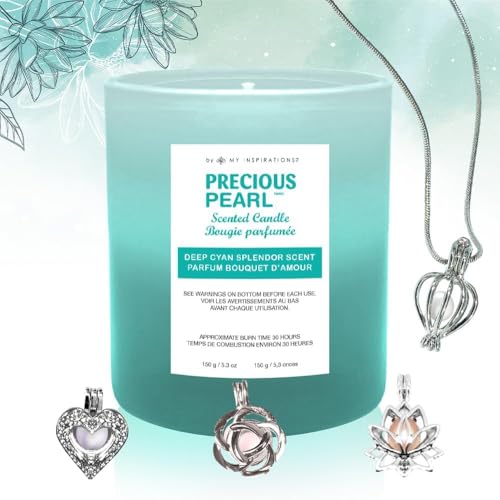Precious Pearl by My Inspirations Charmed Aroma Candle Scented Soy Candles with Jewelry Inside Aromatherapy 150G/5.3OZ Bergamot Lemon Green Tea Scent (Deep Cyan Splendor)