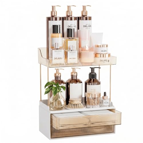 Delamu Makeup Organiser 2 Tier 2 Drawer Large Cosmetic Storage Multi-Purpose Vanity Organizer for Makeup Brushes Skincare Perfume Bathroom Storage Amber