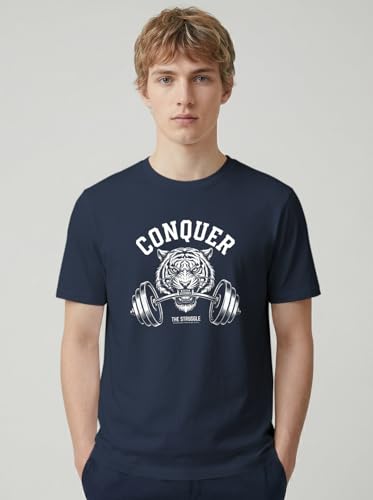 Image of INDISSH T-Shirt for Man | Regular and Plus Size Upto 7XL | Gym Graphic Printed | Round Neck Cotton Fabric Regular fit Casual T-Shirt for man - RNM-Conquer-PAR