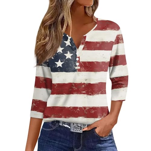 Image of 4th of July Shirts Women 3 /4 Length Sleeve Womens Tops Henley Neck Casual Patriotic T Shirts