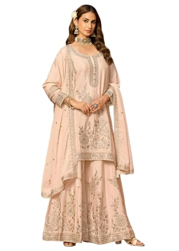 Sharara Suit indien en soie Chinon luxe brodé à la main pour mariage