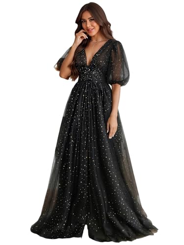 Xijun Women's Petite Puffy Sleeve Prom Dresses Long V Neck Sparkle Starry Tulle A Line Black Corset Slit Formal Evening Party Gowns US14