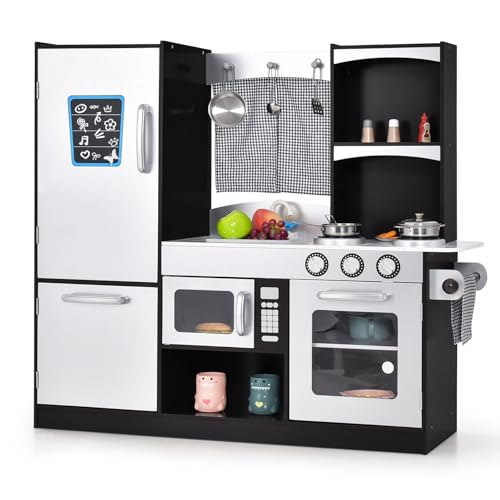 HONEY JOY Kids Kitchen Playset, Wooden Little Chef Pretend Toy Set, Microwave, Stove, Sink, Faucet, Storage Cabinet & Shelf, Curtain, Play Kitchen for Toddlers, Gift for Boys Girls 3+, Black