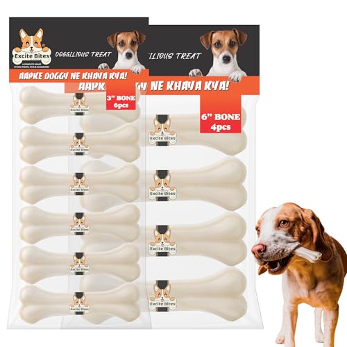 Image of EXCITE BITES Pressed Rawhide Bones for Dog Treats | Dog Calcium Bone Dog Chewing Needs | 3Inch & 6Inch Calcium Bone Treat for Dogs | Combo Offer(3 inch-6Pcs) & (6 inch-4Pcs), 650g (Pack of 2)