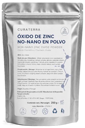 Óxido de Zinc Cosmético No Nano 99% Puro 250 g | Mineral Natural para Jabones, Mascarillas Faciales Cosméticas, Maquillaje Mineral y Cosmética DIY | Solo Uso Externo