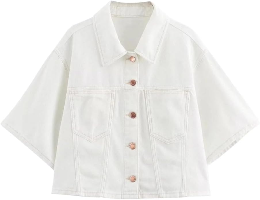 Women's Turn-Down Collar Short Sleeves Single Breasted Denim Waist Zipper Slim Shorts 2 Piece Set