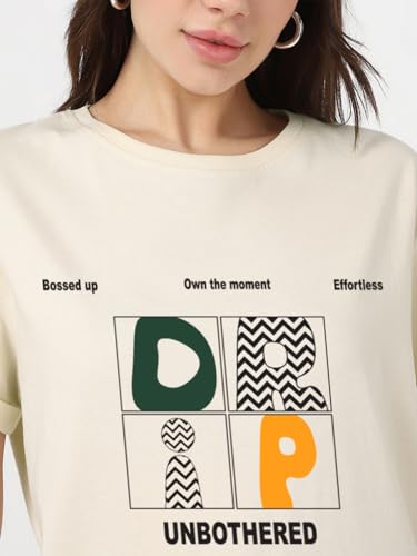 Image of Bewakoof Women's 100% Cotton Typography Boyfriend Fit Half Sleeve Round Neck T-Shirt | Casual wear | Streetwear | Oversized Tshirt for Woman Cotton| Baggy