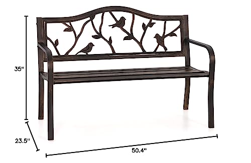 PHI VILLA Outdoor Garden Park Bench Patio 50" Metal Bench, Steel Frame Bench with Backrest and Armrests for Porch, Lawn, Balcony, Backyard and Indoor, Bronze