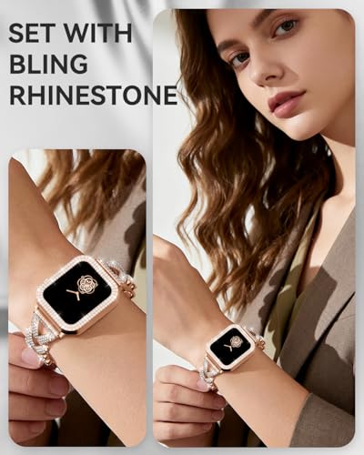 Image of Rhinestones Encrusted Metal Bracelet and Case, Compatible with Apple Watch Bands 38mm-49mm (Series 11 /1 /SE /Ultra 2)- Bling Gold Women's Jewelry Strap, Luxury iWatch Bracelet with Screen Protector