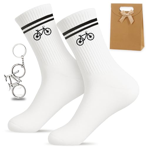 PIujsym Geschenk Fahrradliebhaber Set - Rennrad Socken Mit Fahrrad Motiv, Inkl. Schlüsselanhänger & Geschenktaschen – Lustige Socken, Perfektes Fahrrad Geschenk, Für Sportsocken & Tennissocken