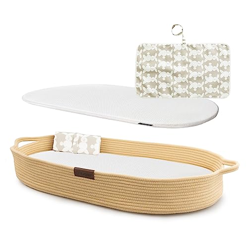 Image of Yunioo XL Reinforced Baby Changing Basket with Extra Travel Diaper pad, Foldable Baby Changing Pad with Water Repellent Cover, Cotton Rope Baby Basket, Changing Table Topper for Dresser (Cream)