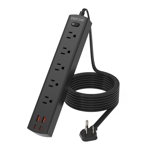 DEPOW Surge Protector Power Strip(1875W/15A), 10 Ft Flat Extension Cord with 5 AC Outlets 4 USB Ports(2 USB C), 1700 Joules, Flat Plug, Wall Mount for Home Office, Dorm Essentials, Black
