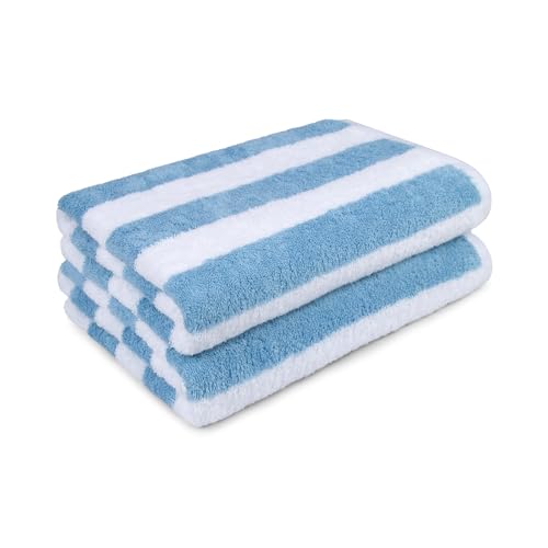 Image of Amazon Basics Soft & Absorbent Beach Towels, 100% Cotton, Cabana Stripe, Machine Washable, Quick Dry, Large 30 inch x 60 inch, Sky Blue, 2-Pack