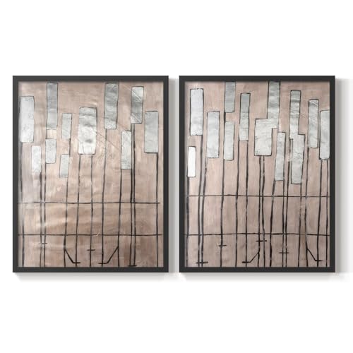 Renditions Gallery Set of 2 Peel & Stick Framed Prints, Abstract Wall Art, Musical Instrument Clavichord Keys Wall Decor, Re-Stickable - Ready to Hang - 11"x14" - Black Frame LT585