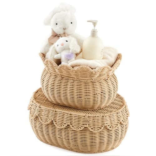 Juexica 2 Pcs Scalloped Rattan Baskets, Woven Rattan Wicker Storage Baskets with Lid for Nursery Storage diaper organizer Bathroom Decor(Natural)