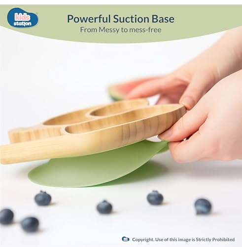 Image of Kids Station Elephant Wooden Feeding Plate with Spoon and Fork for Babies - Green | Eco-Friendly Self-Feeding Baby Tableware Set (3 pcs)