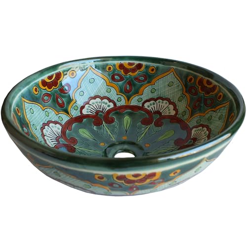 Fine Crafts Imports Green Greca Round Ceramic Talavera Vessel Sink