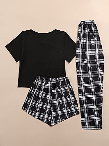 Verdusa Women's 3 Piece Plaid Print Pajama Sets Tee Top And Shorts Pants Pj Set Black S #TOP1