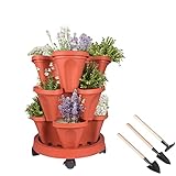 DUNCHATY Stackable Planters 3 Tier Vertical Garden Planting Tower Planters Strawberry, Herb, Flower, and Vegetable Planter Indoor Outdoor Gardening Pots with Removable Wheels and Tools