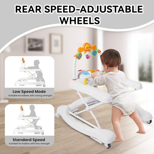 Image of Baby Walker, 5 in 1 Baby Walkers for Boys Girls 6-12 Months, Foldable Walkers for Babies with Bouncer & Feeding Tray, Music, Adjustable Heights, Activity Walker for Infant