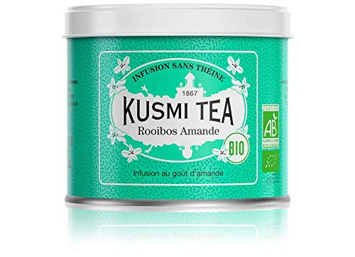 Kusmi Tea Bio Rooibos Mandel - Loser Kräutertee mit natürlichem Mandelaroma - Süßer und Cremiger Rooibos Tee Aufguss - Koffeinfrei - 100 g Metall Teedose