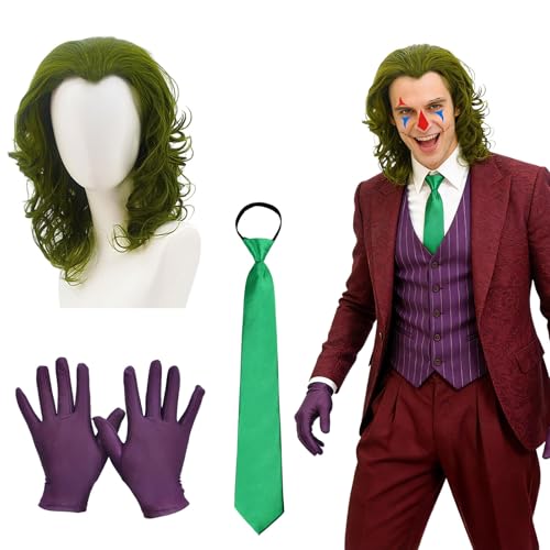 Dazzroi 4Pcs Joker Costume Accessories Set Joker Fancy Dress kit with Green Wigs Bow Tie Purple Gloves Temporary Face Tattoo for World Book Day Cosplay Party Carnival