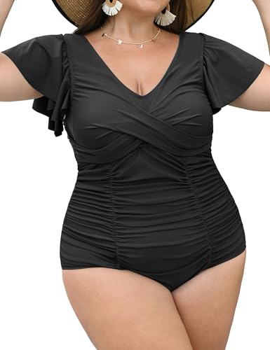 Women Plus Size Swim Romper Swimsuits One Piece Swim Suit Modest Tummy Control Ruffle Sleeves Bathing Suits