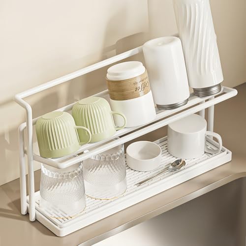 ボトルスタンド 水筒 スタンド 水切り ジャグボトルスタンド 2段式 水切りラック 水筒干し コップ マグボトル 乾かす 哺乳瓶 コップ収納ラック 省スペース 水切りトレー付き 水筒ラック カップ キッチン収納 (ホワイト)