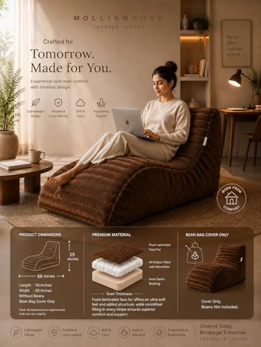 Image of Mollismoons Faux Fur Bean Bag Chair Cover for Adults & Kids | Luxury Lounger & Round Floor Sofa Seating | Modern Cozy Feel | No Beans Included (Brown, Lounger)