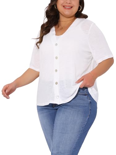 Agnes Orinda Plus Size Cardigan for Women Button Down Sheer Round Neck Short Sleeve Knitted Sweater2