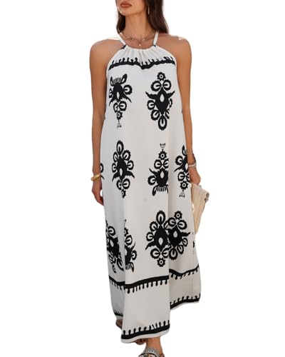 Image of Sulozom Summer Maxi Dresses for Women 2025 Casual Floral Halter Sleeveless Boho Dress Flowy Beach Vacation Outfits