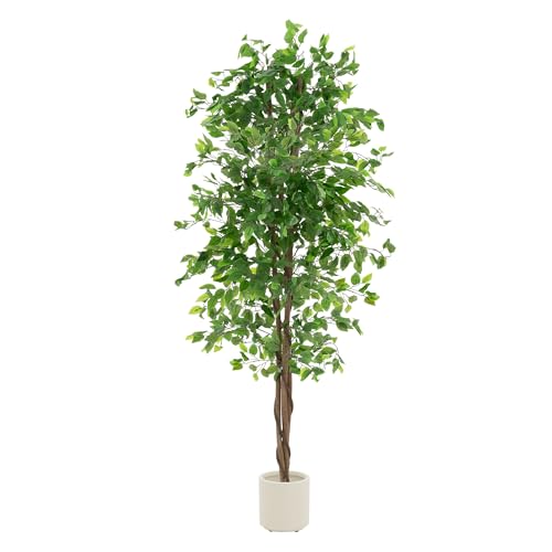 ML-Design Konstgjord Ficus 210 cm Realistisk konstväxt i naturlig storlek med äkta trästam i kruka Dekorativ konstgjord krukväxt för inomhus och utomhus Lättskött plastträd för vardagsrum kontor