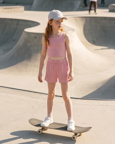 Image of Stelle Girls 2 Piece Outfits Tank Top and Shorts with Pockets 5-15 Years | Girls Ribbed Tops,Crop Tops,Scoop Neck,Sleeveless Tops,Elastic Waist Shorts,Bow Waist,Side Pockets