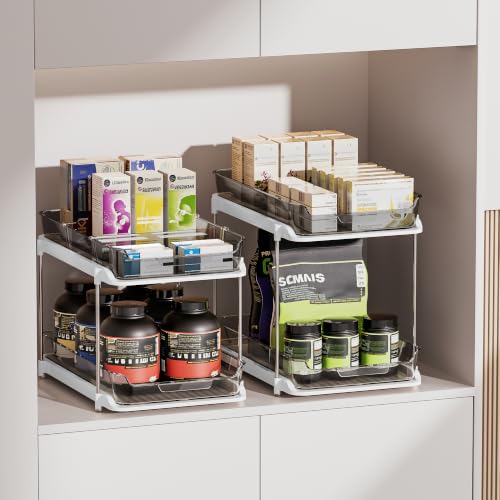 Image of Delamu 2-Tier Multi-Purpose Bathroom Under Sink Organizers and Storage, Stackable Kitchen Pantry Organization, Pull Out Medicine Cabinet Organizer with Movable Dividers, Black, 2 Pack
