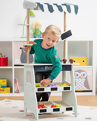myToys ORIGINALS Marktstand mit Accessoires, 18-teilig, mit 3 Zwiebeln, 3 Pilzen, 3 Tomaten, 3 Äpfeln, 2 Bananen und 2… – Bild 3