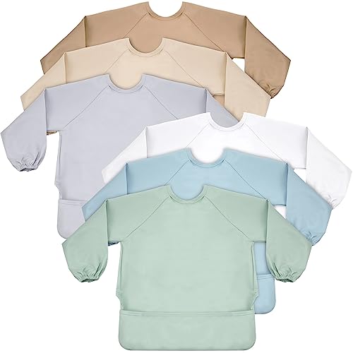 Image of Jeyiour 6 Pack Long Sleeve Baby Bibs Mess Proof Bib Washable Feeding Bib Waterproof Smock Bib for Infant Toddler 6-24 Months