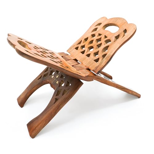 Image of Naayaab Craft Handmade & Handcraft Sheesham Wooden Book Holder Display Stand | Folding Religious Prayer Free Reading Stand with Intricate Carvings| Rehal for Religious Holy Books - Size 12 inch