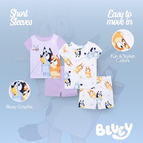 Bluey Unisex Kids' 4-Piece Snug-fit Cotton Short-Sleeve Matching Pajama Set, Soft & Cute for Kids