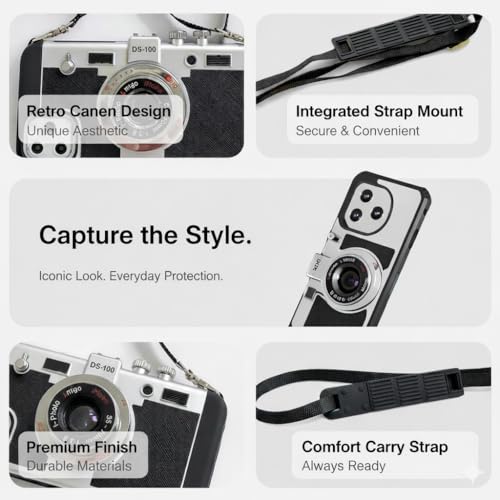 Image of Retro Camera Phone Case Compatible with iPhone - Vintage DS-100 Design with Integrated Strap Mount, Corner Protection, Comfort Carry Strap Black (iPhone 16 Pro Max)