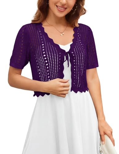 Image of Kate Kasin Women Crochet Shrug Knit Sweater, Short Sleeve Cropped Cardigan | Tie Front Tops Light Weight, Knit Cover Up Arm Bolero For Evening Dresses Dressy Casual, Ladies Eyelet Shawl Thin Formal