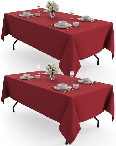 Image of Pureegg Rectangle Table Cloth 60 inch x 102 inch - Durable Polyester Tablecloth Offers Reusable & Washable Protection, Ideal for Outdoor Party, Picnic, Wedding, Banquet and Birthday, 2 Pack, Red
