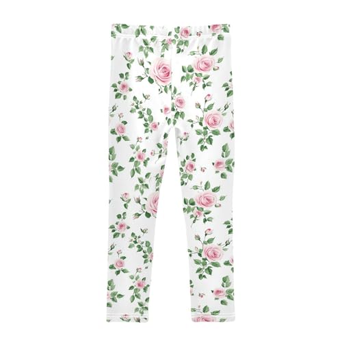 Pink Roses Girls' Leggings Toddler Doodles Green Leaves Kids Yoga Pants Dance Active Tights 4T2