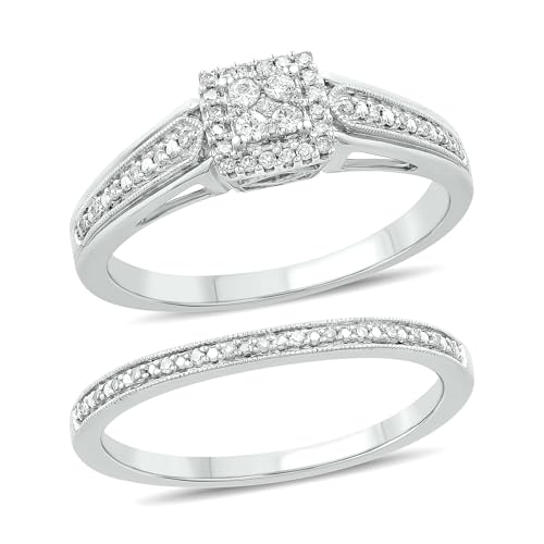 Cali Trove 1/5 CT Natural Diamond Bridal Ring Set | Wedding & Engagement Rings for Women | Diamond Wedding Band for Women | 925 Sterling Silver Bridal Rings | Cluster Halo Promise Ring for her