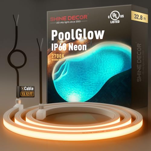 Image of Shine Decor IP68 Waterproof LED Strip Light, 24V Pool Rated Submersible Silicone Neon, Underwater Outdoor LED Rope Light for Pool Fountain Waterfall Bathtub, 16x16mm, Warm White, 32.8FT